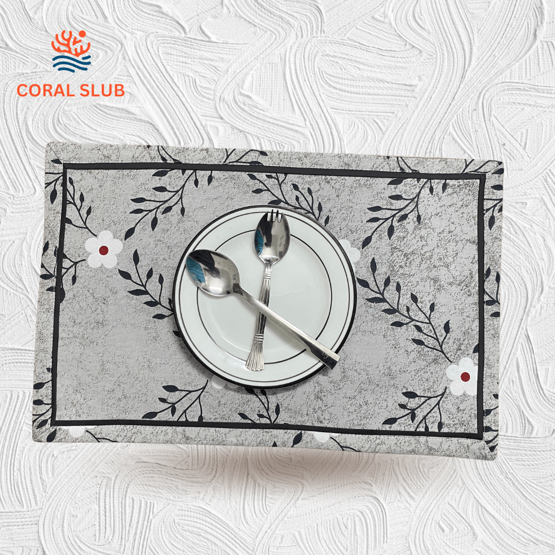 Leafy Bloom Dining Combo – 100% Cotton Table Cover & Placemats - Coral Slub - 