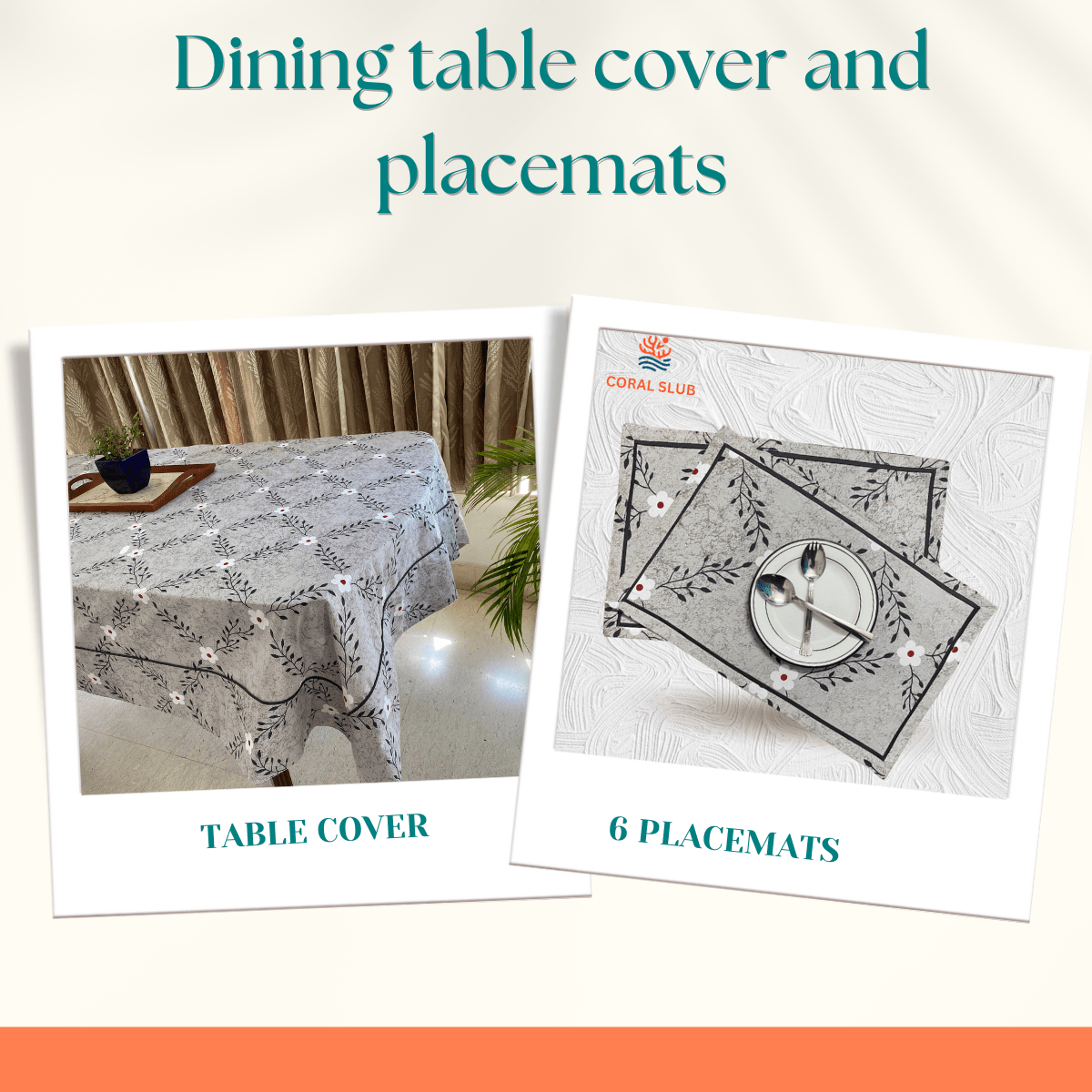 Leafy Bloom Dining Combo – 100% Cotton Table Cover & Placemats - Coral Slub - 