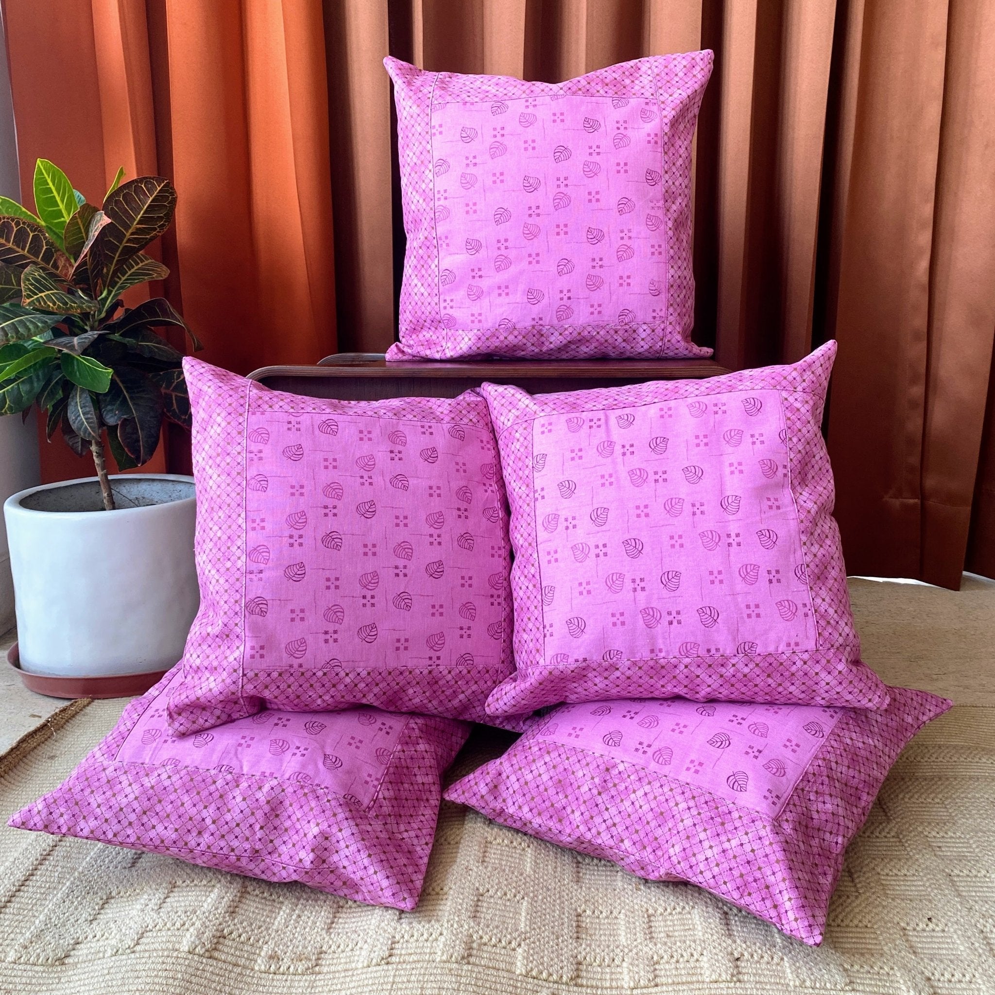 Leafy Grid Orchid Cushion Covers, pack of 5, 16" x 16" - Coral Slub - 