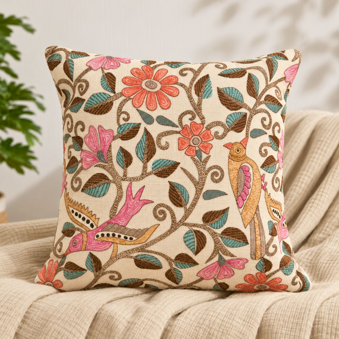 Madhubani Print Cushion Cover, 16" x 16", Pack of 1 - Coral Slub -