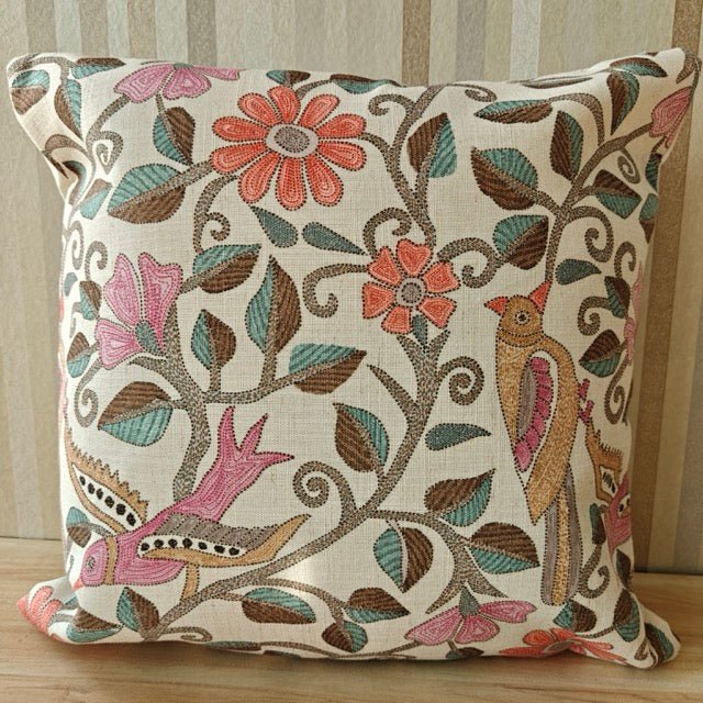 Madhubani Print Cushion Cover, 16" x 16", Pack of 1 - Coral Slub -
