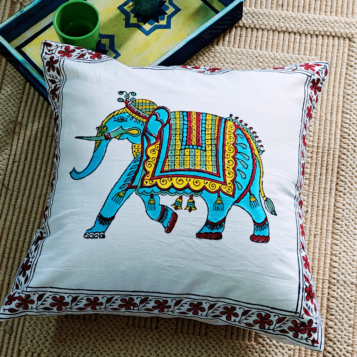 Maharaj Hand Block Printed Cushion Covers, 16" x 16", Pack of 5 - Coral Slub - 