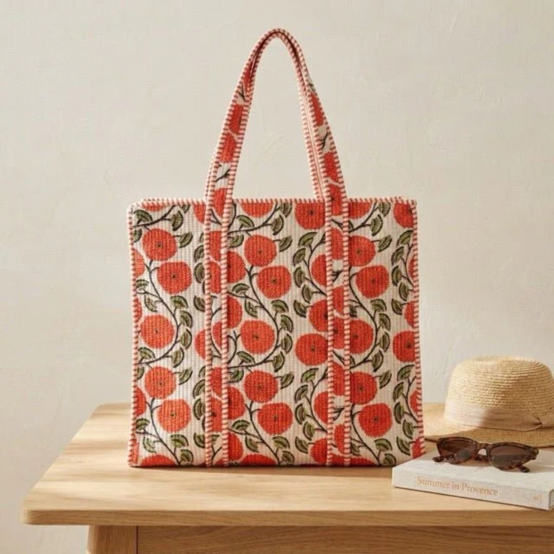 Marigold Block Print Tote Bag - Coral Slub - 