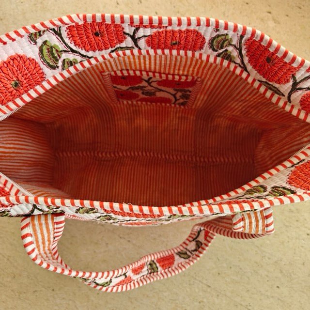 Marigold Block Print Tote Bag - Coral Slub - 