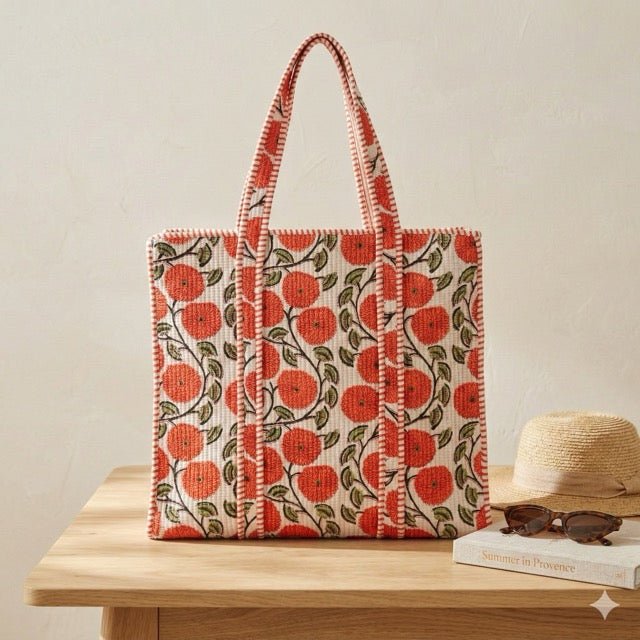 Marigold Block Print Tote Bag - Coral Slub - 
