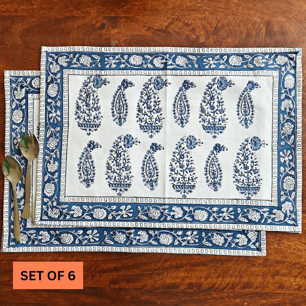 Mayur Hand Block Print Placemats, 12" x 18", Set of 6 - Coral Slub - 