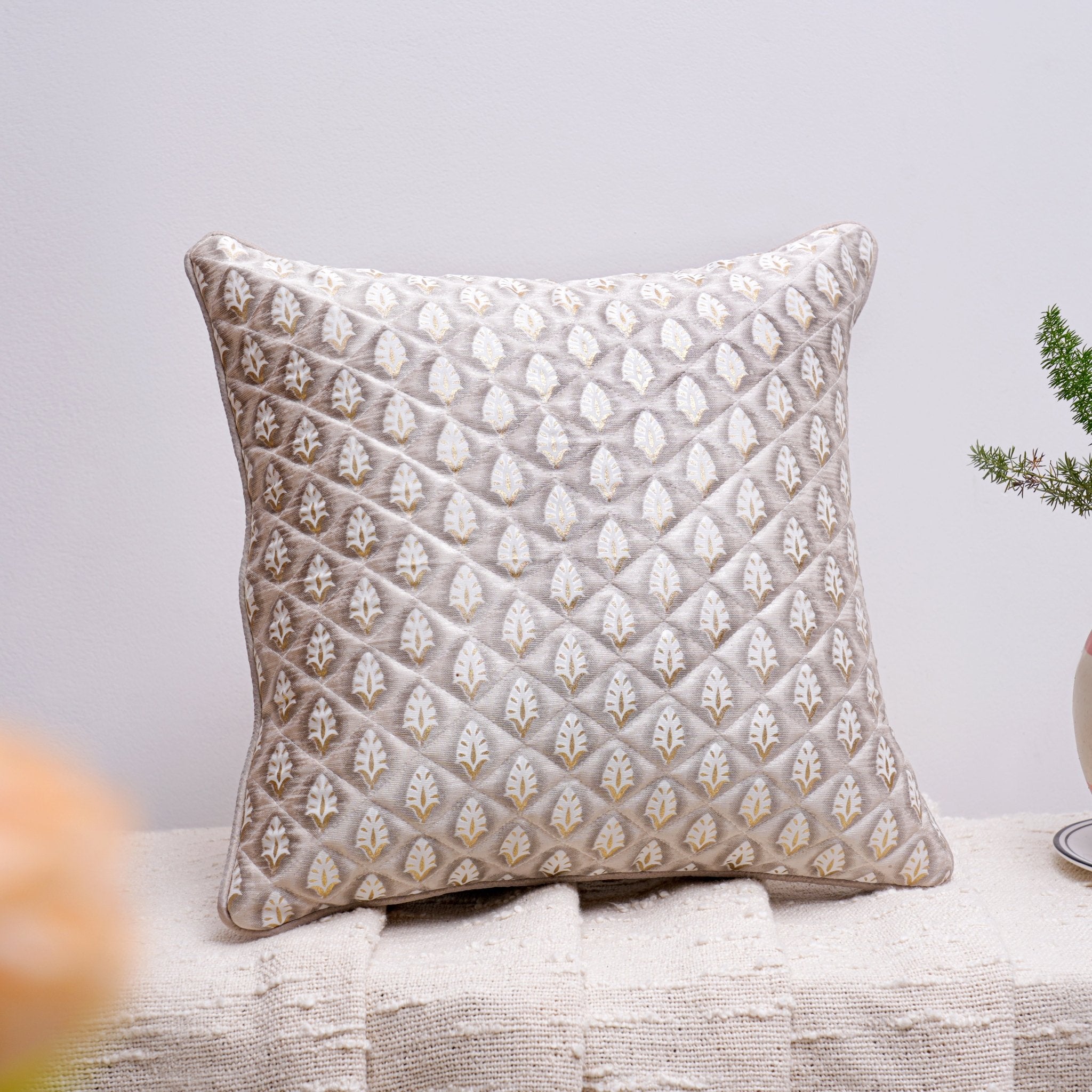 Meenakari Cushion Cover Muted Taupe, Pack of 2, 16" x 16" - Coral Slub - 