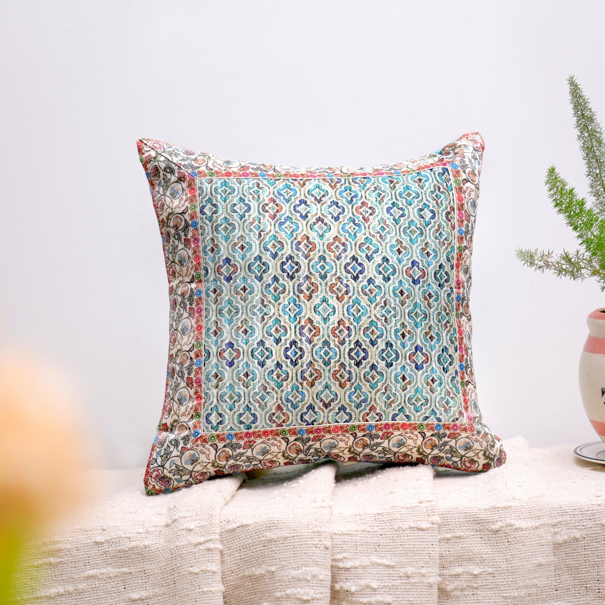 Meenakari Cushion Cover Powder Blue, Pack of 2, 16" x 16" - Coral Slub - 