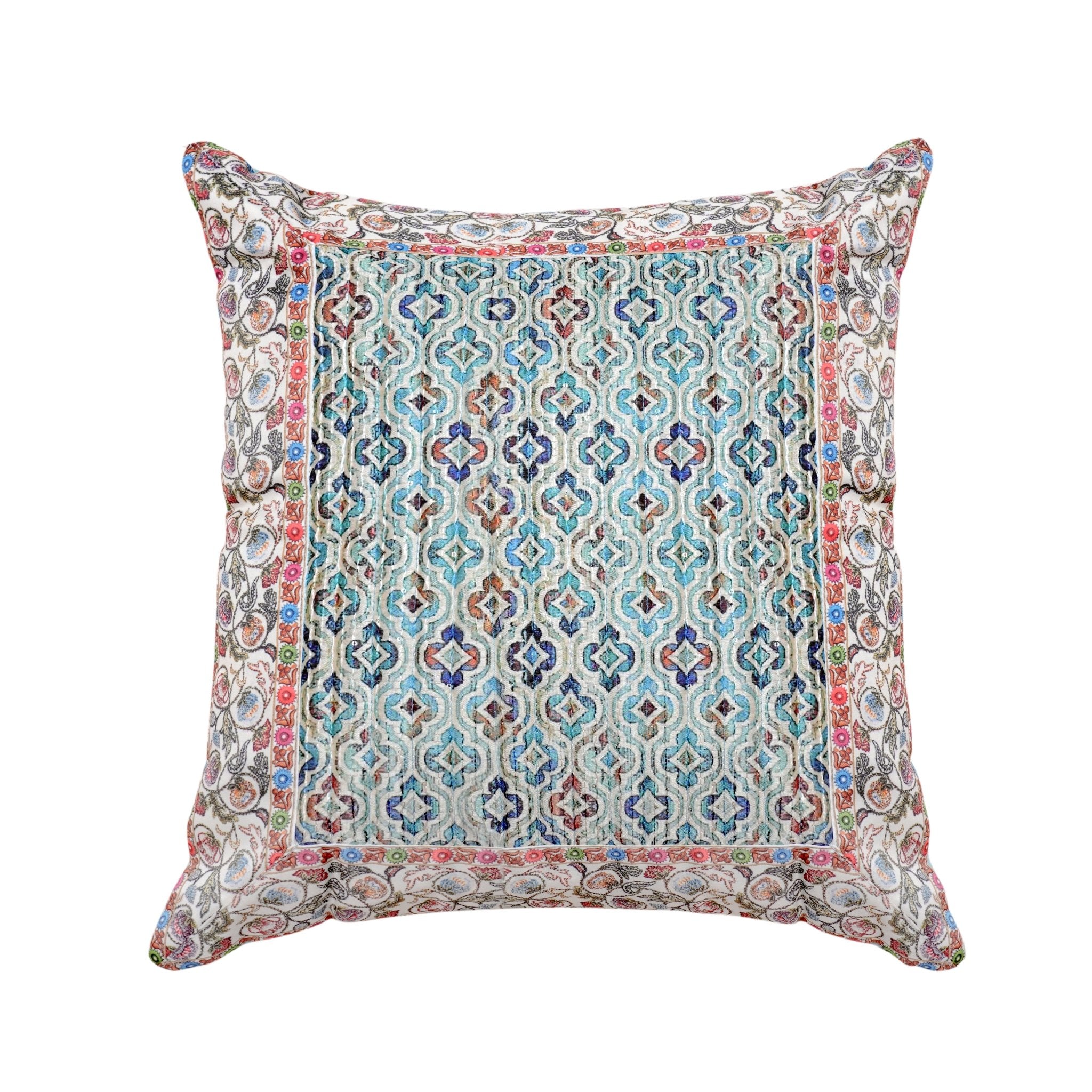 Meenakari Cushion Cover Powder Blue, Pack of 2, 16" x 16" - Coral Slub - 