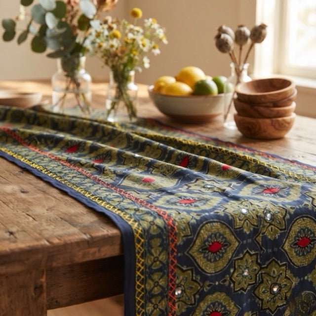 Megh Ajrak Print Table Runner - Coral Slub -