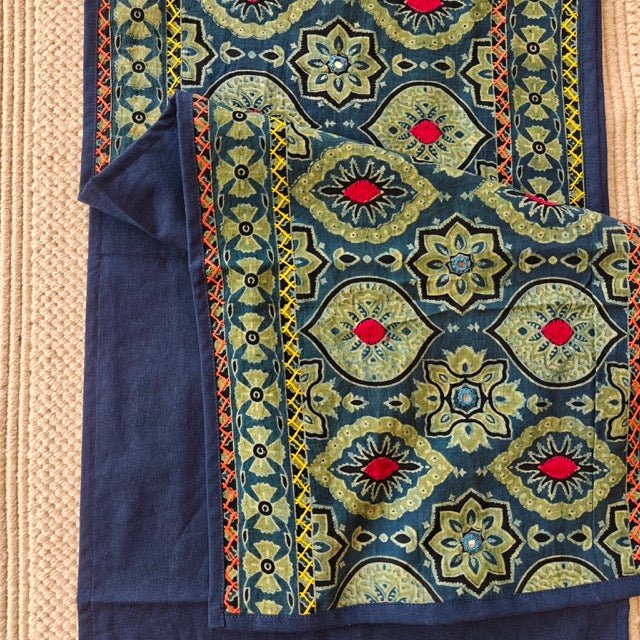 Megh Ajrak Print Table Runner - Coral Slub -