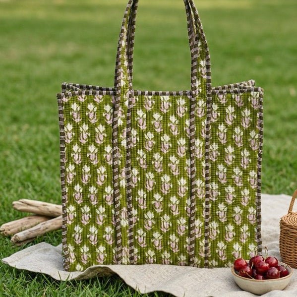 Mehandi Block Print Tote Bag - Coral Slub - 