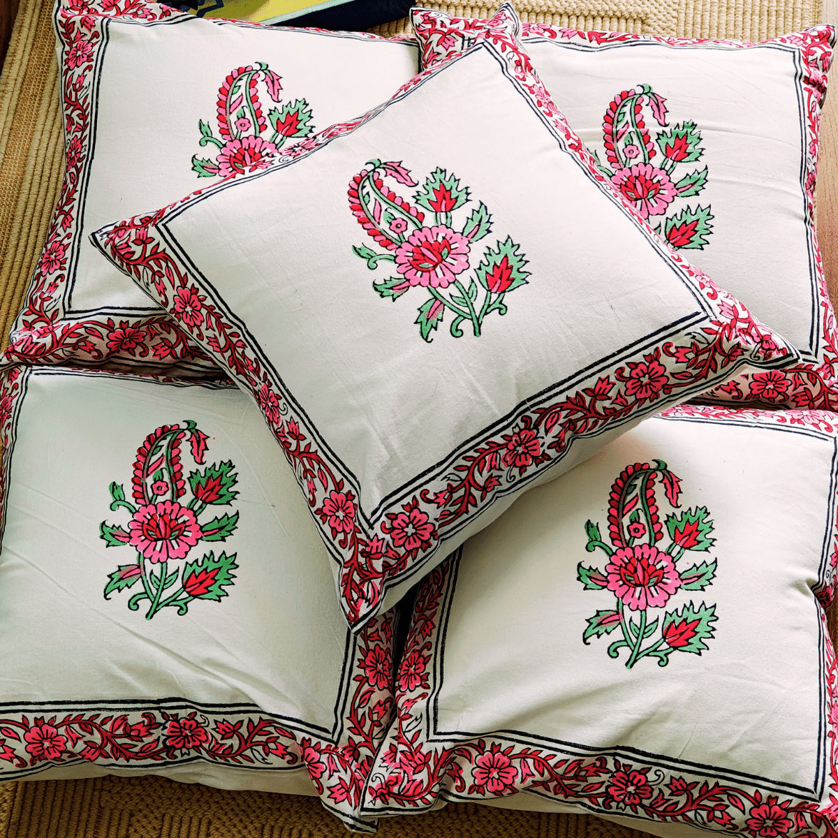 Meher Hand Block Printed Cushion Covers, 16" x 16", Pack of 5 - Coral Slub - 
