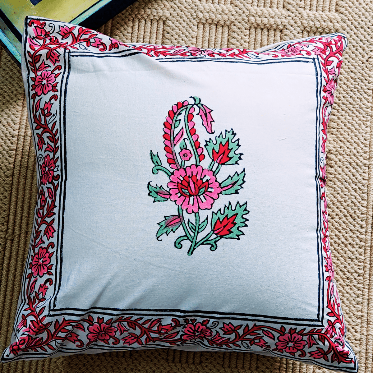 Meher Hand Block Printed Cushion Covers, 16" x 16", Pack of 5 - Coral Slub - 