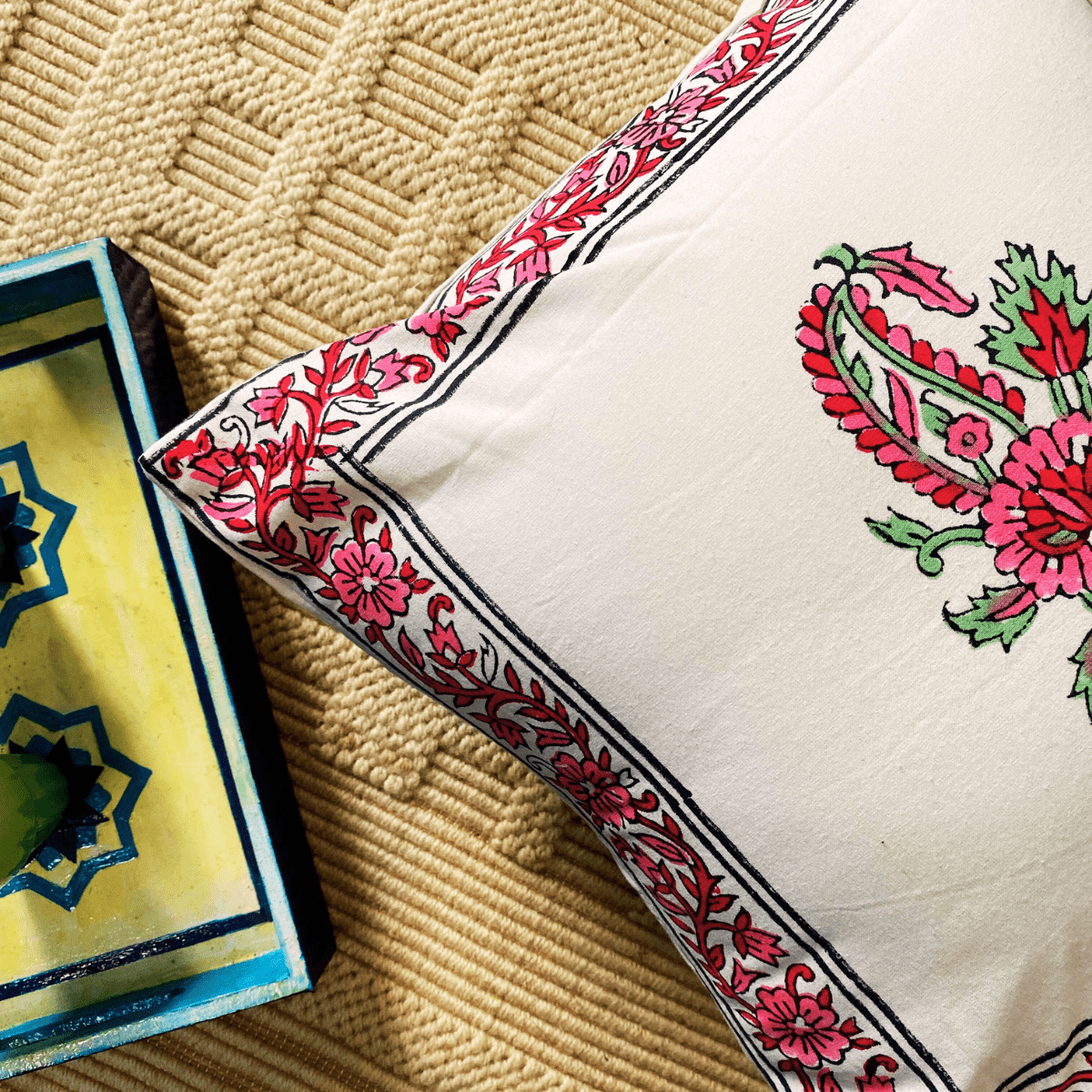 Meher Hand Block Printed Cushion Covers, 16" x 16", Pack of 5 - Coral Slub - 