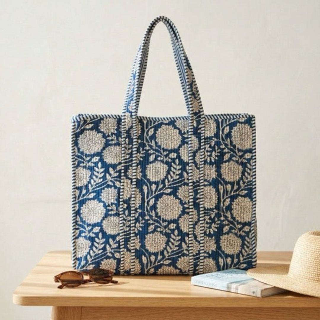 Mehfil Block Print Tote Bag - Coral Slub - 