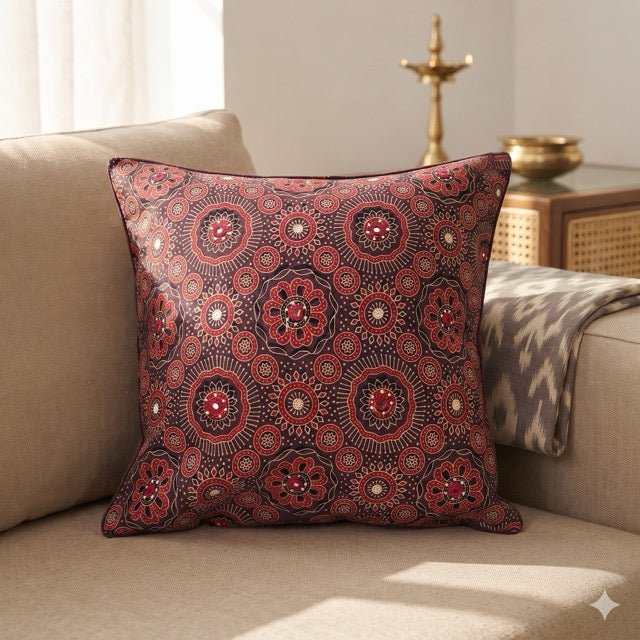 Mitti Ajrak Print Cushion Cover, 16" x 16", Pack of 1 - Coral Slub -
