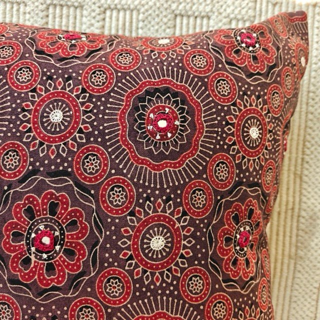 Mitti Ajrak Print Cushion Cover, 16" x 16", Pack of 1 - Coral Slub -