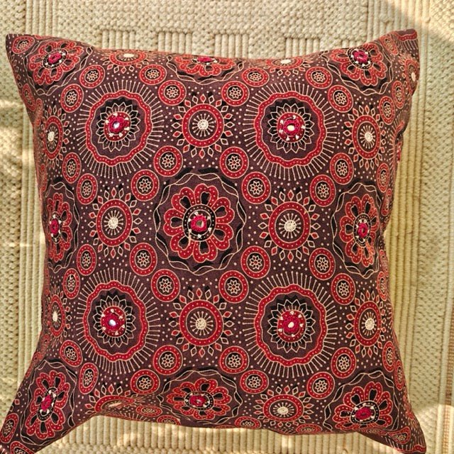 Mitti Ajrak Print Cushion Cover, 16" x 16", Pack of 1 - Coral Slub -