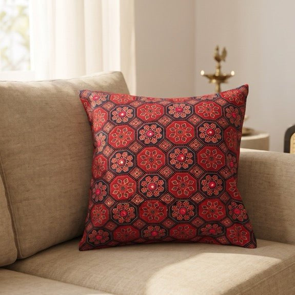 Mor Ajrak Print Cushion Cover, 16" x 16", Pack of 1 - Coral Slub -