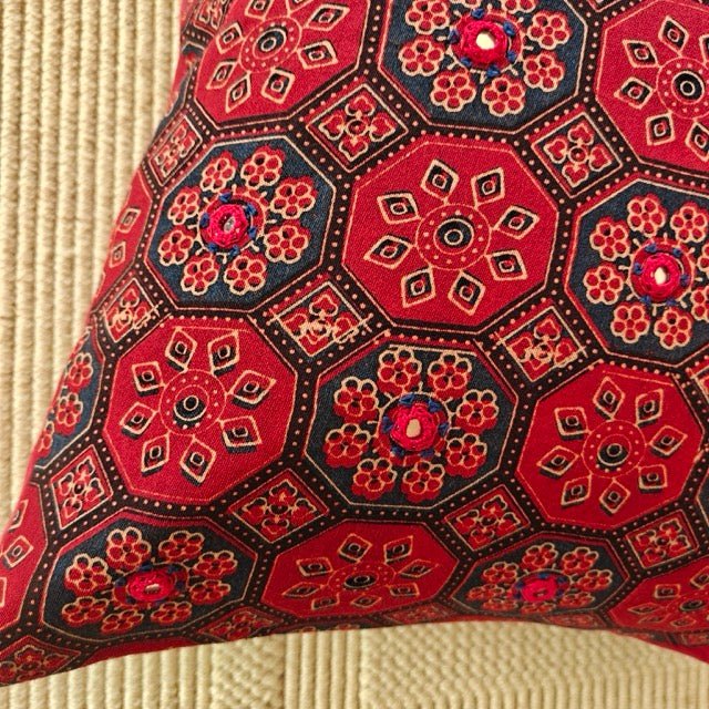 Mor Ajrak Print Cushion Cover, 16" x 16", Pack of 1 - Coral Slub -