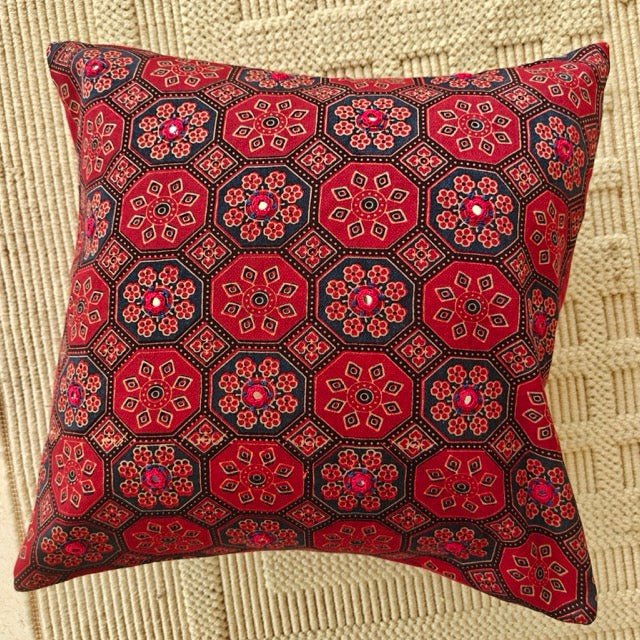 Mor Ajrak Print Cushion Cover, 16" x 16", Pack of 1 - Coral Slub -