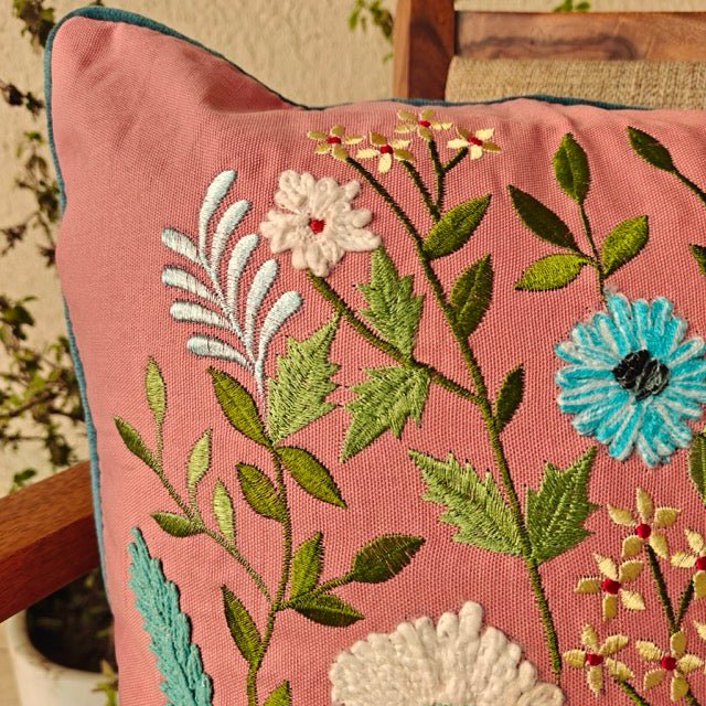 Myra Embroidered Cushion Cover - Coral Slub - 