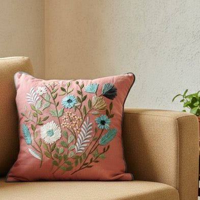 Myra Embroidered Cushion Cover - Coral Slub - 