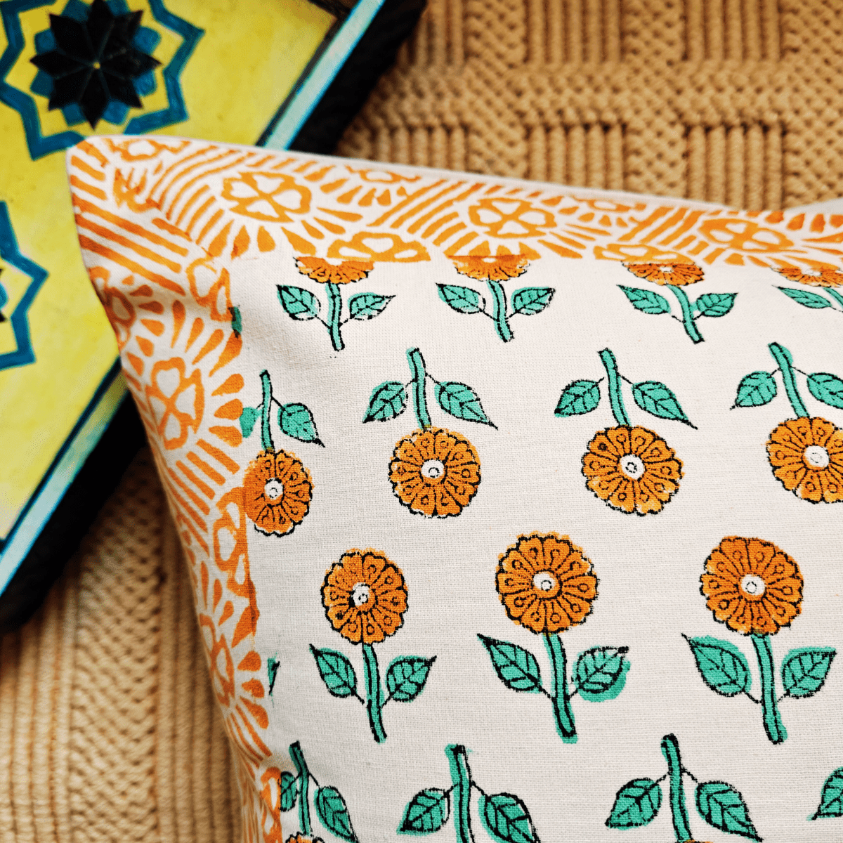 Naaz Hand Block Printed Cushion Covers, 16" x 16", Pack of 5 - Coral Slub - 