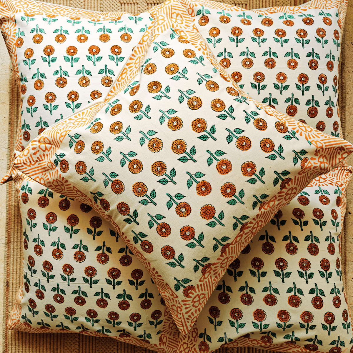 Naaz Hand Block Printed Cushion Covers, 16" x 16", Pack of 5 - Coral Slub - 