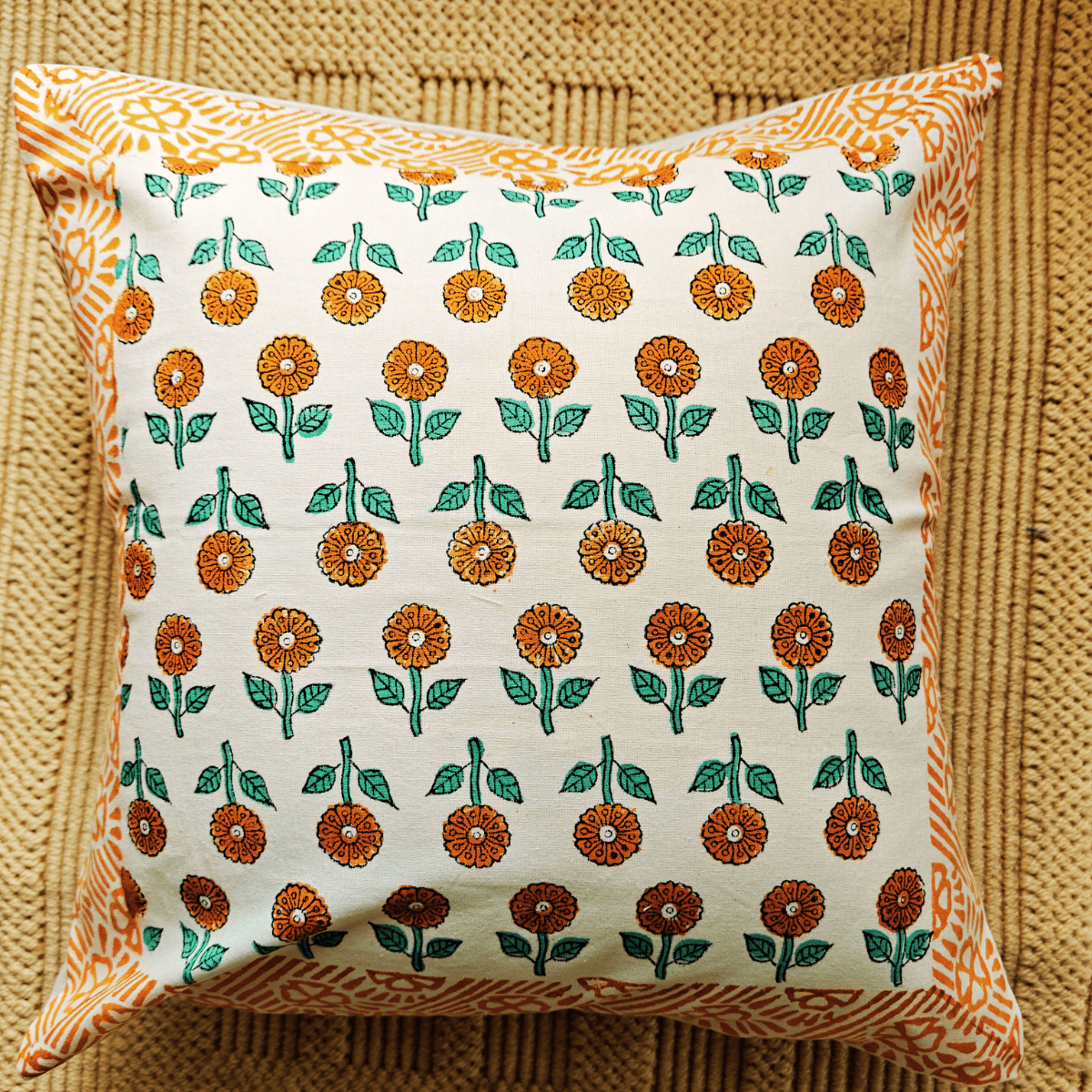 Naaz Hand Block Printed Cushion Covers, 16" x 16", Pack of 5 - Coral Slub - 