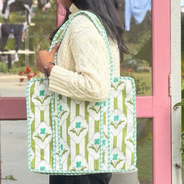 Nanda Block Print Tote Bag - Coral Slub - 