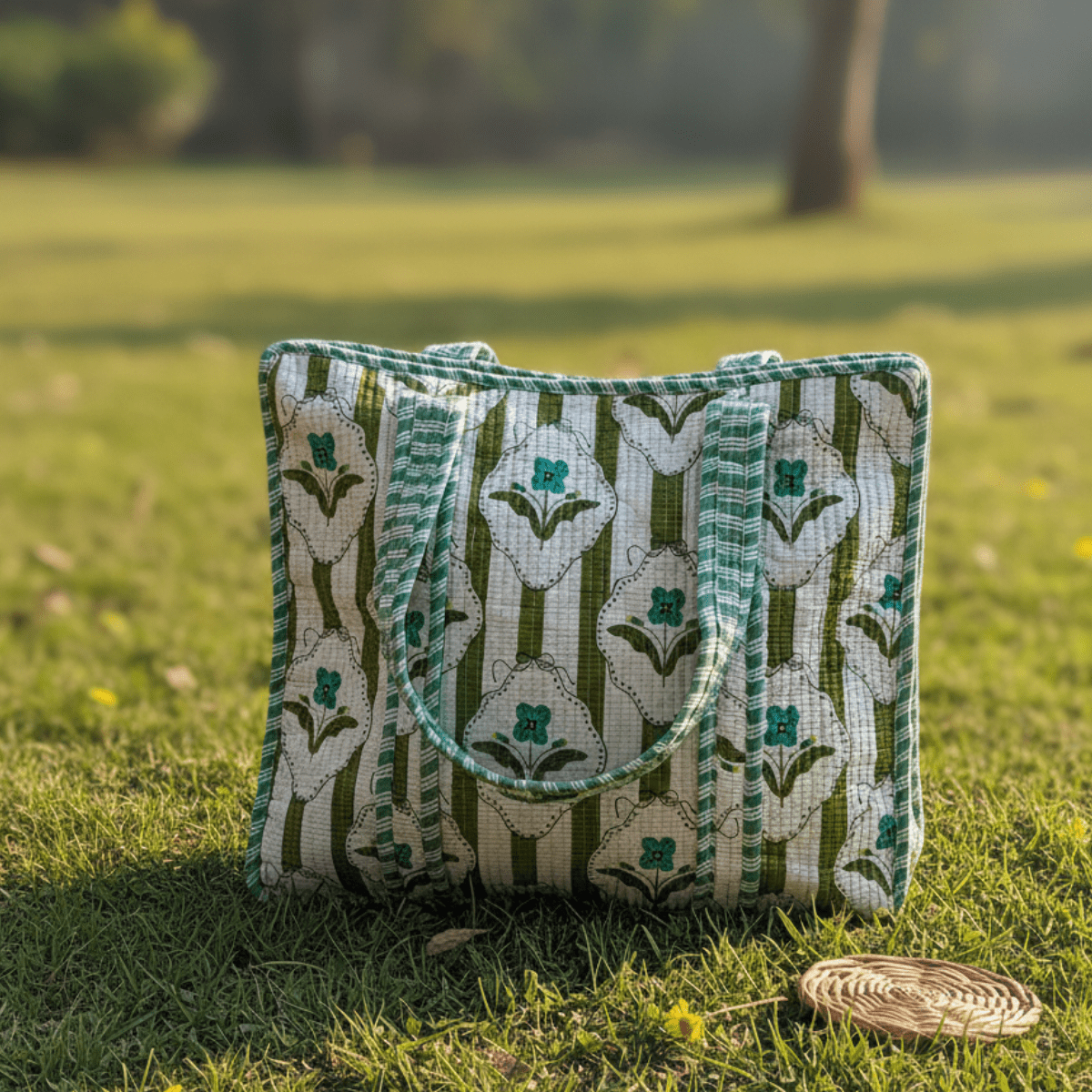 Nanda Block Print Tote Bag - Coral Slub - 