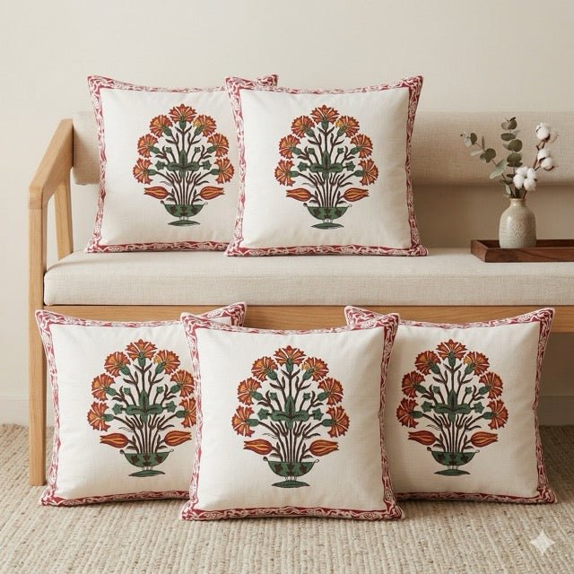 Nayra Printed Cushion Covers, Pack of 5 - Coral Slub - 