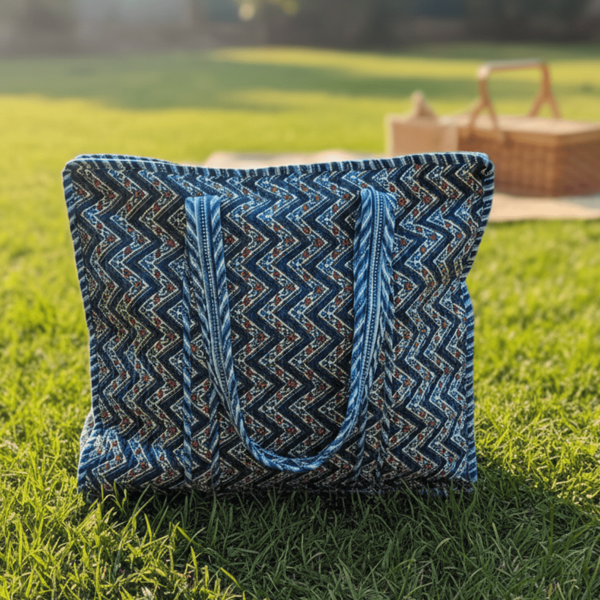 Neer Block Print Tote Bag - Coral Slub - 