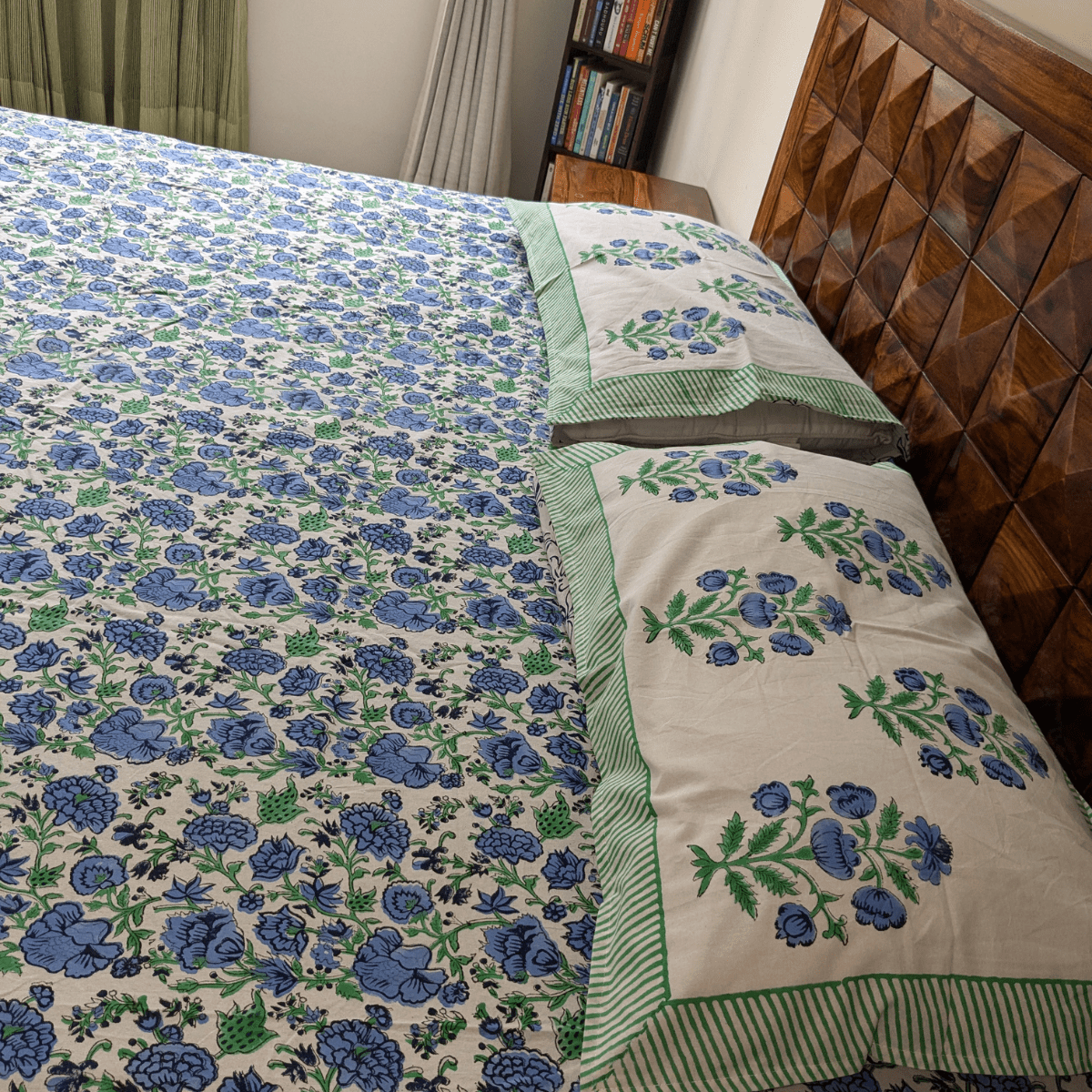 Nilaya Block Print Bedsheet Set, King Size, 108" x 108" - Coral Slub - 