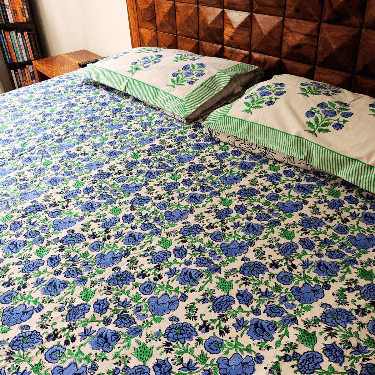 Nilaya Block Print Bedsheet Set, King Size, 108" x 108" - Coral Slub - 