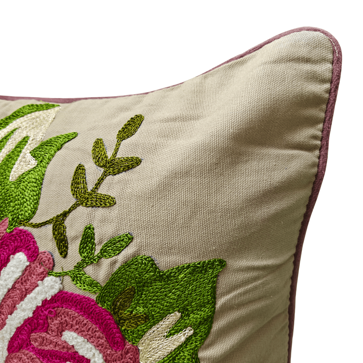 Nira Embroidered Cushion Cover, 16" x 16", Beige, Pack of 1 - Coral Slub - 