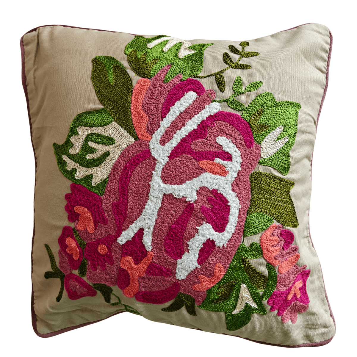 Nira Embroidered Cushion Cover, 16" x 16", Beige, Pack of 1 - Coral Slub - 