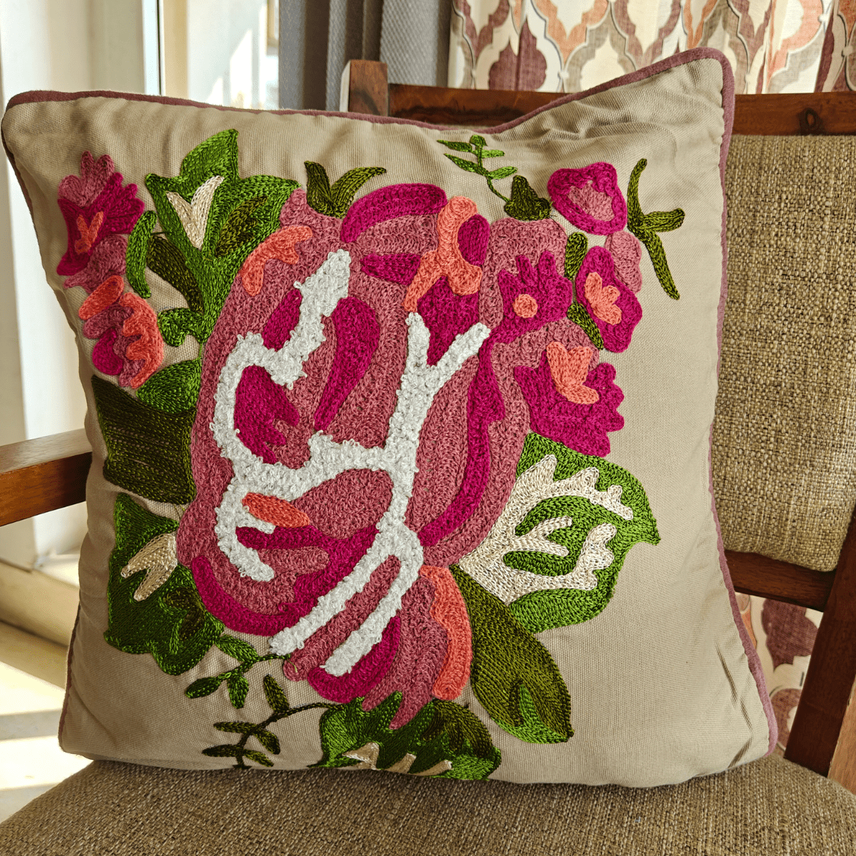 Nira Embroidered Cushion Cover, 16" x 16", Beige, Pack of 1 - Coral Slub - 