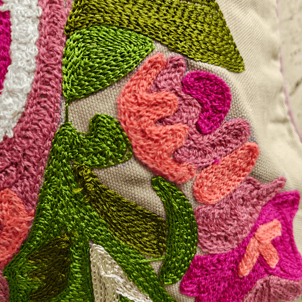 Nira Embroidered Cushion Cover, 16" x 16", Beige, Pack of 1 - Coral Slub - 