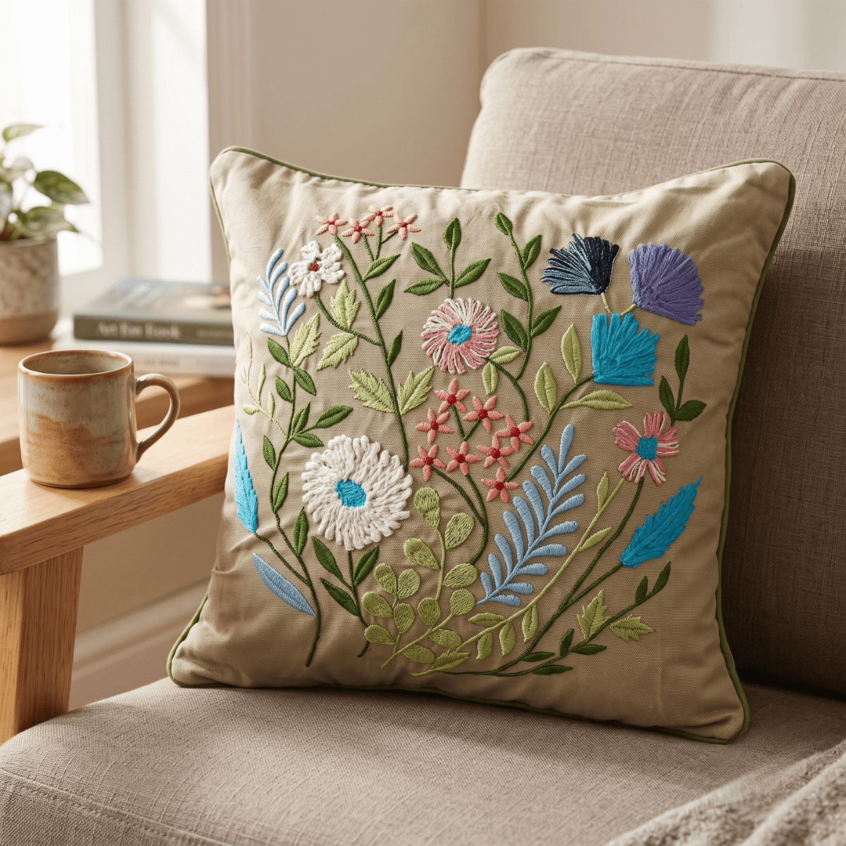 Noa Embroidered Cushion Cover - Coral Slub -