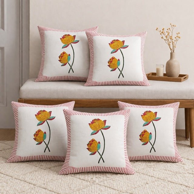 Noorani Printed Cushion Covers, Pack of 5 - Coral Slub - 
