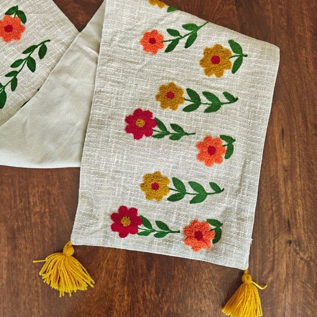 Ochre Embroidered Table Runner - Coral Slub -