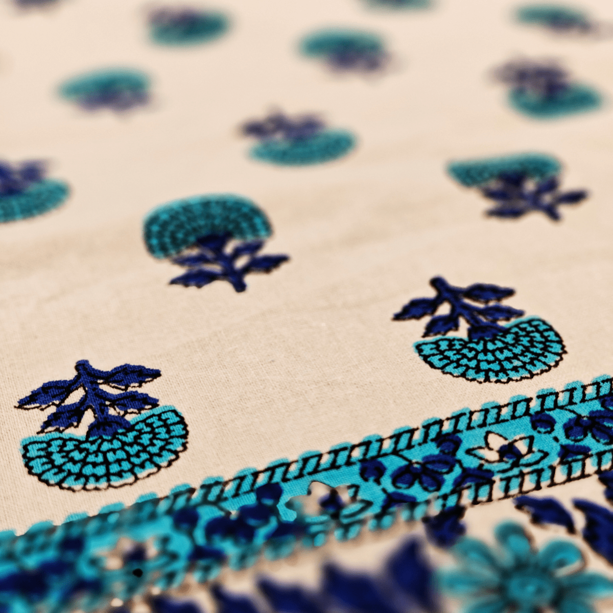 Opal 6 Seater Dining Table Cover, Block Print, 100% Cotton, 60" x 90" - Coral Slub - 