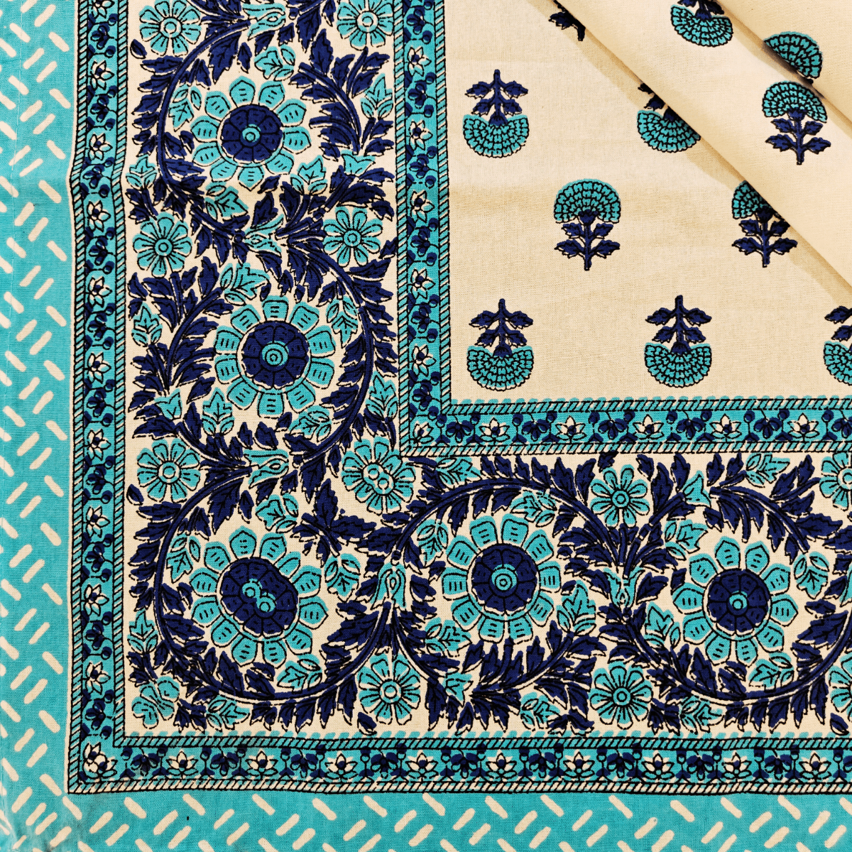 Opal 6 Seater Dining Table Cover, Block Print, 100% Cotton, 60" x 90" - Coral Slub - 