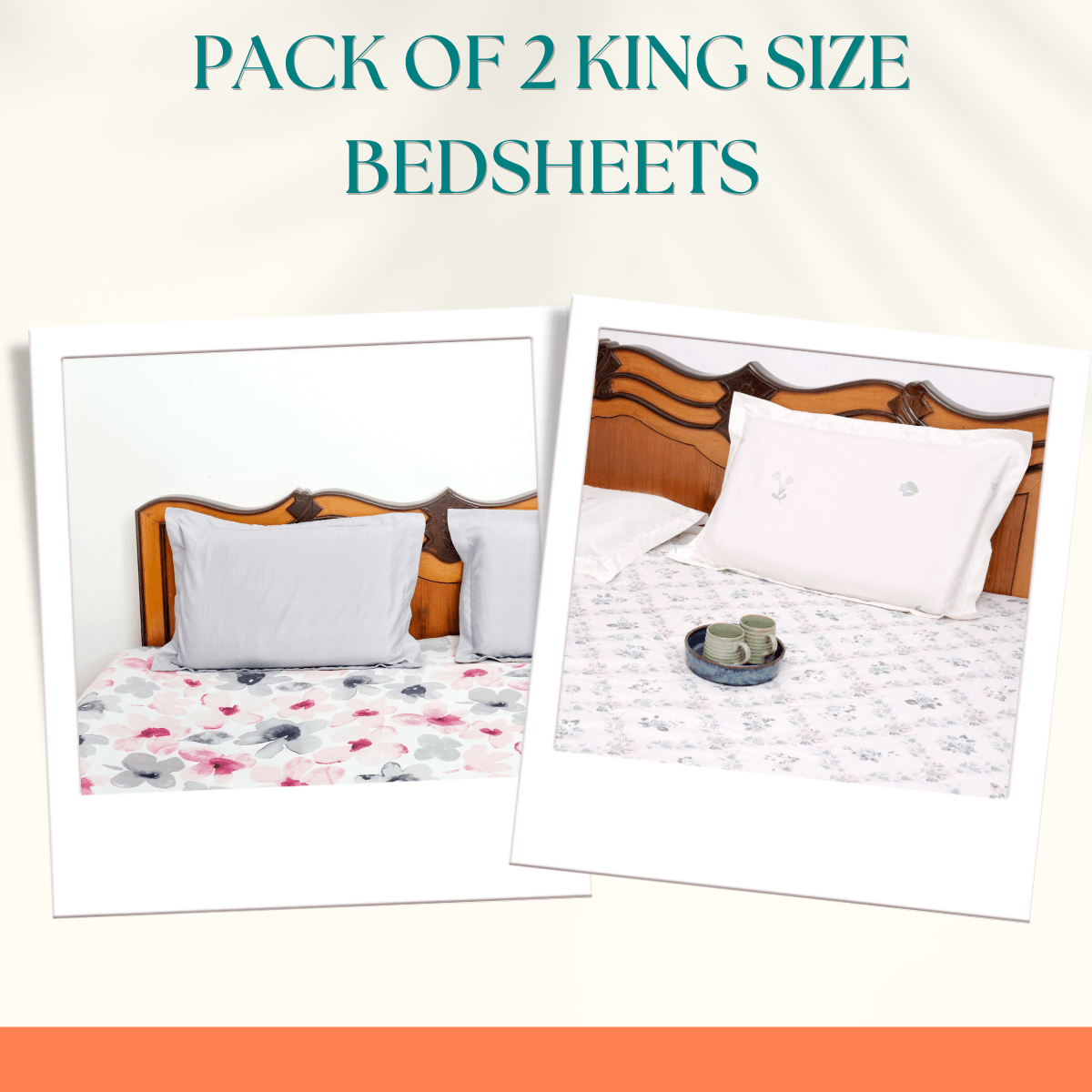 Pack of 2 King Size Bedsheets – Blush & Bloomfield Prints - Coral Slub - 