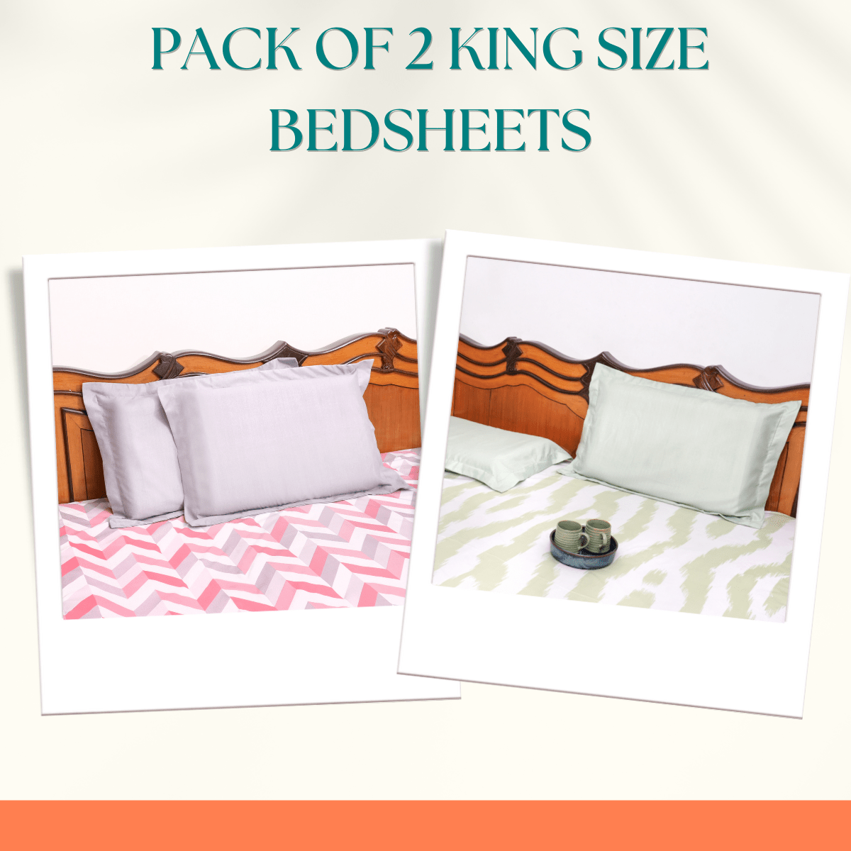 Pack of 2 King Size Bedsheets – Vivid & Meadow Prints - Coral Slub - 
