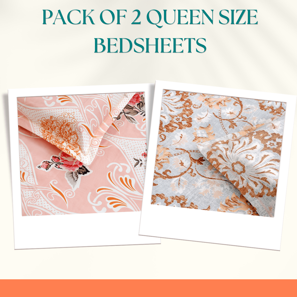 Pack of 2 Queen Size Bedsheets 90" x 100" - Blossom Harmony & Heritage Garden - Coral Slub - 