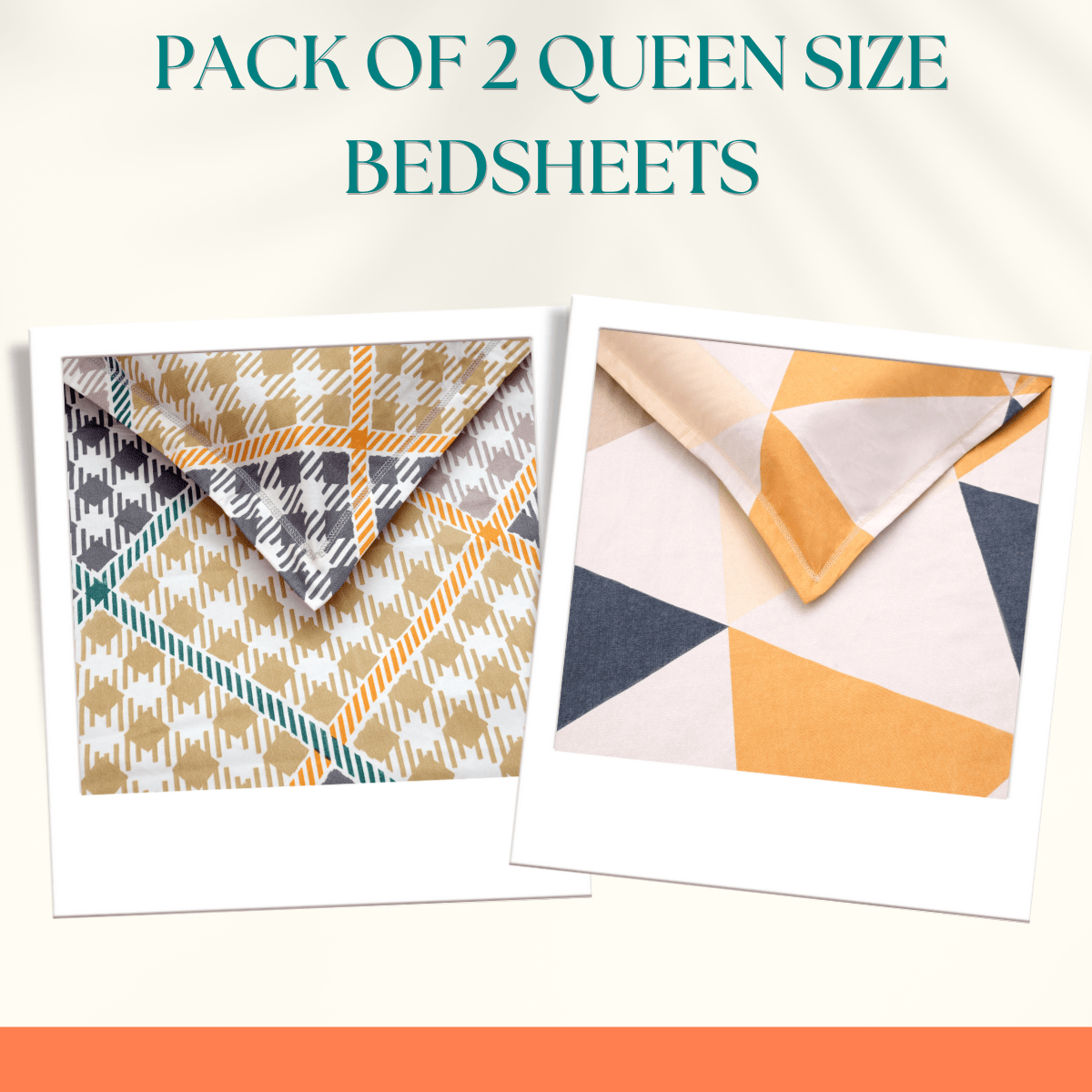 Pack of 2 Queen Size Bedsheets 90" x 100" - Geo Harmony and Triad - Coral Slub - 